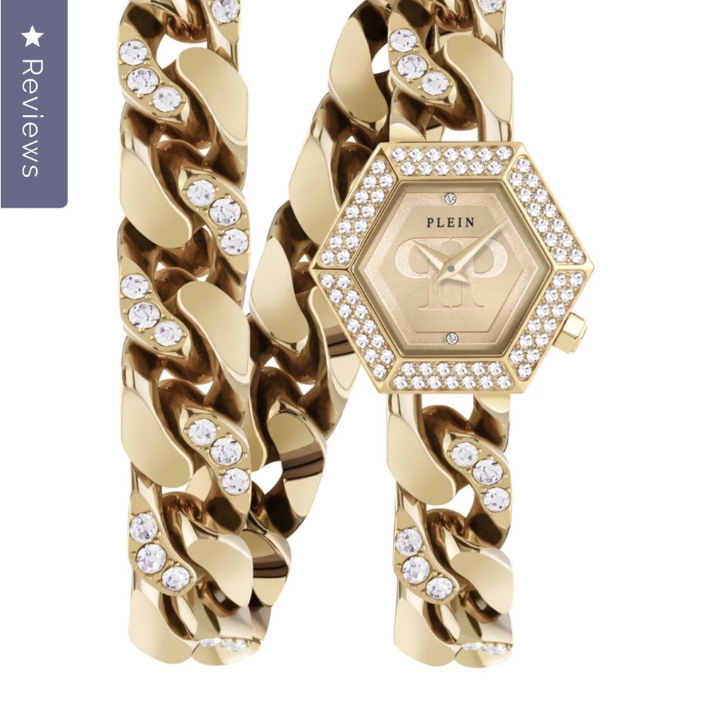 Philipp Plein Gold Hexagonal Watch with Diamond Accents